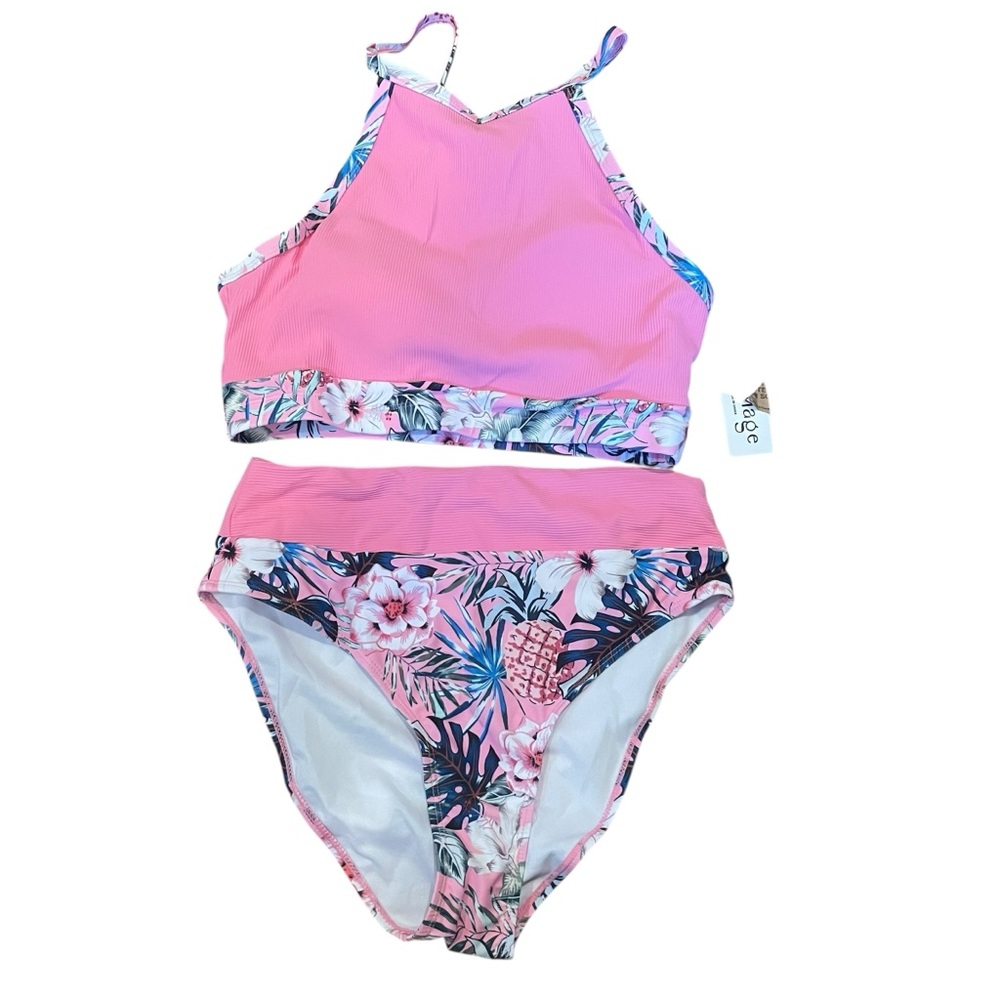 AI'MAGE High Neck Ribbed Two Pieces Bikini Swimsuit Pink Print Women’s Medium - Picture 5 of 10